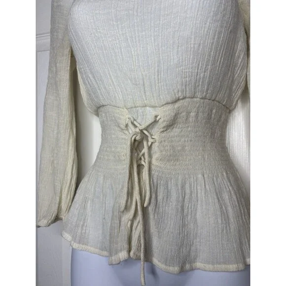 E&M Cream Peasant Blouse Corset Lace Up Cottagecore Top Small - Picture 3 of 5